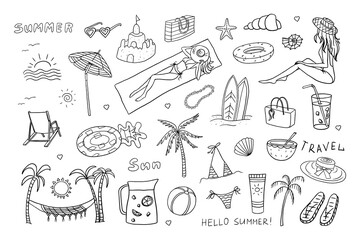 Large set of summer time theme elements in doodle style. Girl in a beach hat, palms, swimsuit, swimming trunks, drink, surf, shells, starfish, beach. Travel design. Adventure. Hand drawn