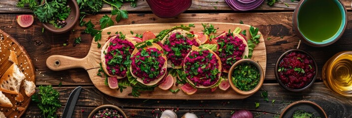 Sticker - A platter of vegan sandwiches with beetroot hummus, garnished with fresh parsley and arranged on a wooden serving board, captured from an overhead view