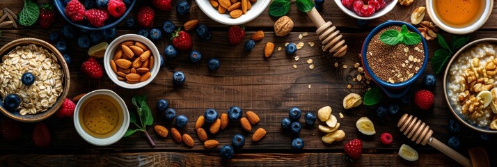 Wall Mural - A rustic wooden table is set with a bowl of oatmeal porridge, surrounded by bowls of fresh berries, almonds, and honey