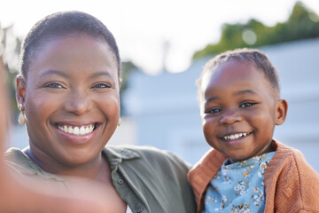 Wall Mural - Family, selfie and mother with girl in park, happy and relax with childhood, bonding and having fun in nature or garden. Love, portrait and face of child and parent smile for picture in backyard