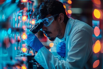 Poster - a scientist using a microscope in a laboratory at night