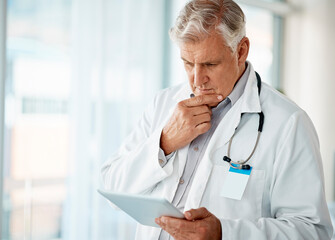 Poster - Mature man, doctor and tablet with reading for patient results or digital folder with information. Hospital, technology and online for medical records, prescription and schedule with telehealth