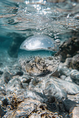 Wall Mural - The crystal ball reflects the rocky seabed as seen from underwater. Beautiful water background.