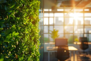 Poster - Green plants on the wall in modern office interior with panoramic windows and desks