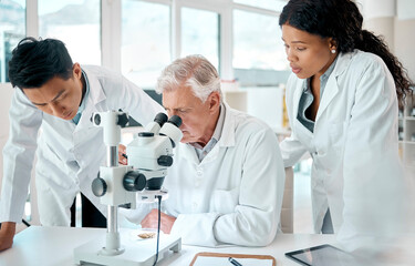 Aufkleber - Science, team and people with research in laboratory for medical experiment, consulting and solution. Scientist, microscope and employee with conversation for vaccine study, support or clinical trial