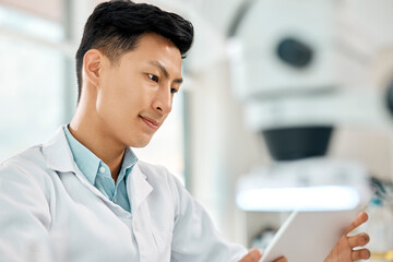 Poster - Man, scientist and tablet for medical research, pathology and review in laboratory as employee or staff. Male person, doctor and tech with results, feedback or analysis for science or breakthrough