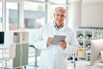 Poster - Scientist, portrait and mature man with tablet in laboratory for innovation, research or investigation. Online, pathology and person with confidence for discovery, breakthrough or medical experiment