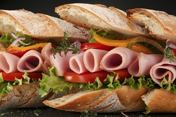 Baguette sandwich with ham, lettuce, tomatoes, pepper and onion