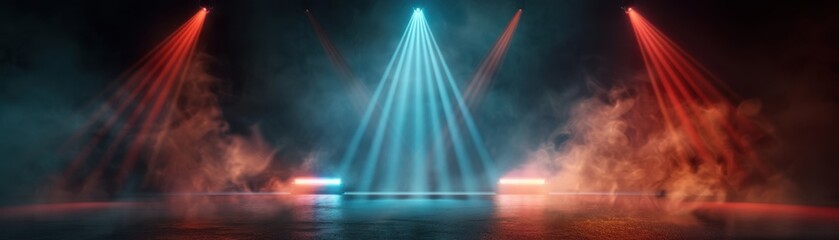 Wall Mural - A stage with three lights and a foggy atmosphere. The lights are red, blue, and green