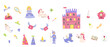 © ZhumaStudio - Childrens fairy characters and magic element set. Collection of funny unicorns with princess, castle, knight, dragon, falling star, fairy animal with horn. Fantasy world clipart elements, sticker pack