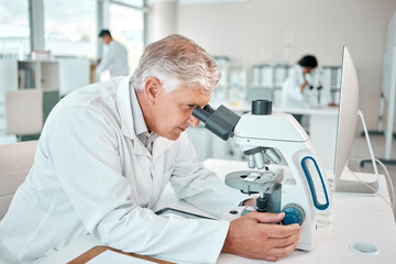 Aufkleber - Mature, man and scientist with microscope in laboratory for observation, research and biology experiment for study. Manager, biotechnology and clinical analysis for disease diagnosis and healthcare.