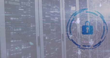 Poster - Image of scope scanning with padlock icon over server room