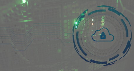 Poster - Image of scope scanning with cloud and padlock icon over server room