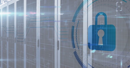 Poster - Image of scope scanning with padlock icon over server room