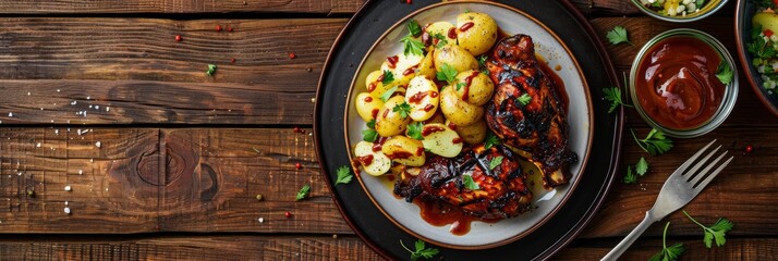 Wall Mural - Overhead view of a plate of barbecue chicken with potato salad, garnished with parsley and served with BBQ sauce