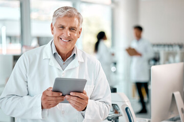 Poster - Scientist, portrait and mature man with tablet in lab for innovation, research or investigation. Online, pathology and technician with confidence for discovery, breakthrough or medical experiment