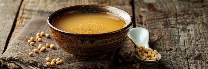 Poster - A bowl of miso soup sits on a rustic wooden table, surrounded by scattered soybeans. The bowl is made of brown pottery with a worn finish, and the soup is a light, golden color