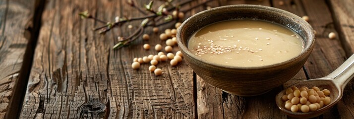 Wall Mural - A rustic bowl of miso soup sits on a weathered wooden surface, surrounded by soybeans and a twig with small buds