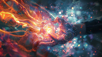 Wall Mural - A hand holding a glowing orb in a colorful, swirling background. Concept of wonder and awe, as if the viewer is witnessing a magical or fantastical event