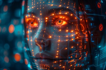 Aufkleber - Close Up Of A Woman's Face With Orange Lights In Front Of A Digital Interface