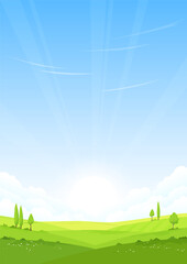 Wall Mural - A beautiful summer landscape. Fields and hills covered with green grass and flowers. Clear blue sky. A sunny day. Single trees in the middle of the field. Agricultural land. Vector illustration.	