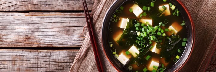 Sticker - A top-down view of a steaming bowl of miso soup, garnished with tofu cubes, seaweed strips, and green onions, on a rustic wooden table with chopsticks and a linen napkin