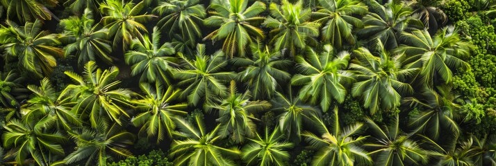 Sticker - A dense cluster of vibrant green palm trees fills the frame, viewed from a high aerial perspective under a clear blue sky