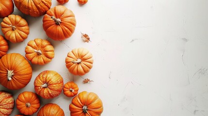 Canvas Print - View of pumpkins in autumn on white surface with space for text