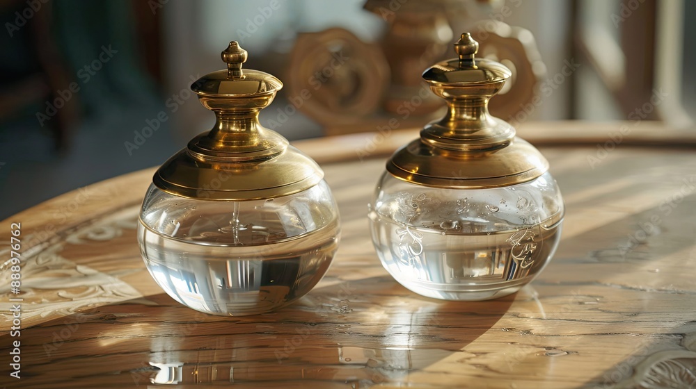 Two glass and brass containers holding holy water and chrism oil ...