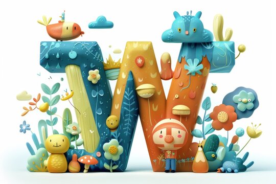An imaginative illustration of the letter W surrounded by whimsical characters and elements adding a sense of fun and fantasy to the design. Ideal for children's books or playful branding projects.