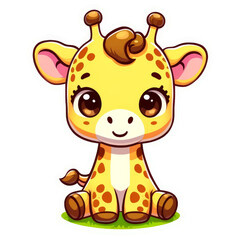 Wall Mural - Cute baby giraffe sitting sticker with white outline on transparent background clipart