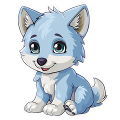 Wall Mural - Cute baby blue wolf sticker with white outline on transparent background clipart