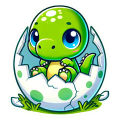 Wall Mural - Cute baby green dinosaur in cracked egg sticker with white outline on transparent background clipart