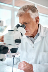 Aufkleber - Microscope, science and doctor man in laboratory for breakthrough, experiment or investigation. Analysis, research and sample with mature scientist working on innovation for pharmaceutical vaccine