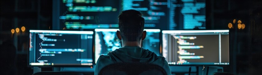 Sticker - A man is sitting in front of three computer monitors, one of which is displaying a blue screen. The man is focused on his work, possibly coding or analyzing data