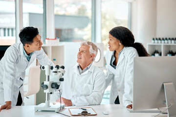 Aufkleber - science, team and people with consultation in laboratory for medical research, planning and solution