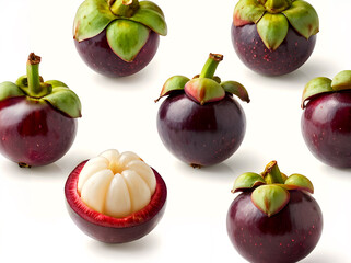 mangosteen (garcinia mangostana) fruits whole and cut on white background