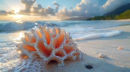 Wall Mural - A large, orange and white flower is on the beach