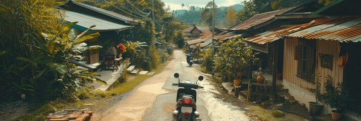 Wall Mural - Rural village scenery with motorcycles, houses and rich green plants. POV shot from a motorbike, capturing the serene atmosphere of a peaceful countryside. Perfect for travel agency and tours.