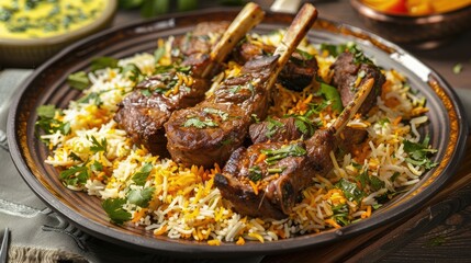 A plate of mandi rice with grilled lamb