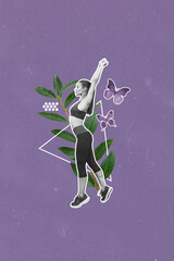 Poster - Creative abstract template collage of stretching female doing yoga nature plant bizarre unusual fantasy billboard