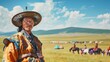 © Anna - Traditional Mongolian shaman in colorful attire with vast grassland and yurts in the background. Cultural heritage, traditional clothing, nomadic lifestyle, Mongolian landscape, rural life.