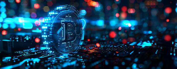 Poster - A futuristic digital illustration of the Bitcoin logo glowing in blue and orange light,