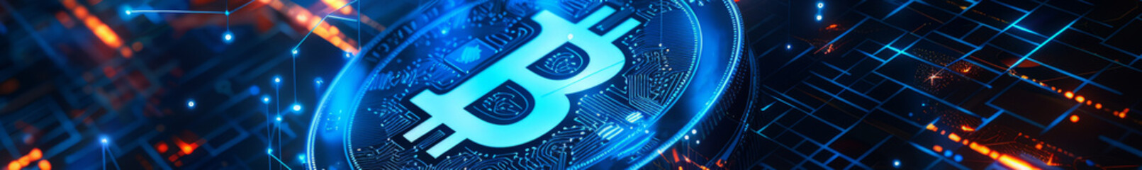 Poster - A futuristic digital illustration of the Bitcoin logo glowing in blue and orange light,