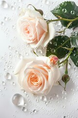 Wall Mural - Two white roses are on a table with water droplets surrounding them. The droplets create a sense of freshness and beauty, emphasizing the delicate nature of the roses