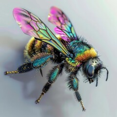 hyperrealistic macro of iridescent bumblebee midflight intricate wing details and pollencovered body showcase natures engineering marvel