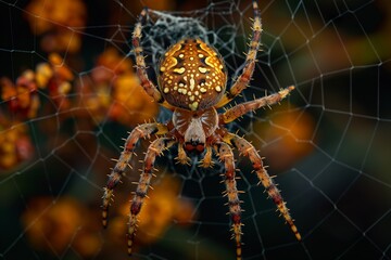A spider is sitting on a web in front of some orange flowers. The spider is brown and has a pattern of spots on its back