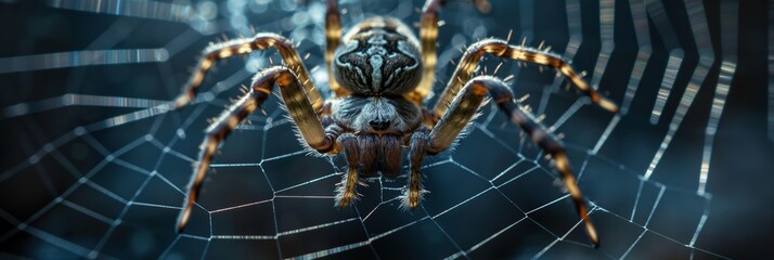 A spider is on a web. The spider is brown and black