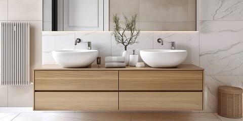 A bathroom with two sinks and a wooden vanity. The sink is white and the vanity is brown