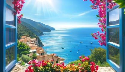 A Mediterranean view from an open window, with flowers framing the foreground and a scenic coastal landscape in the background. Concept of vacation, serenity, calm and peace.